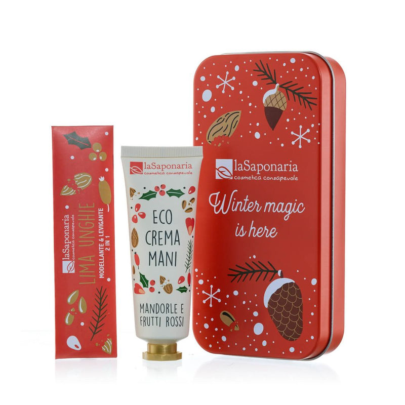 Scrigno Crema Mani Mandorle e frutti rossi + Limetta unghie La Saponaria